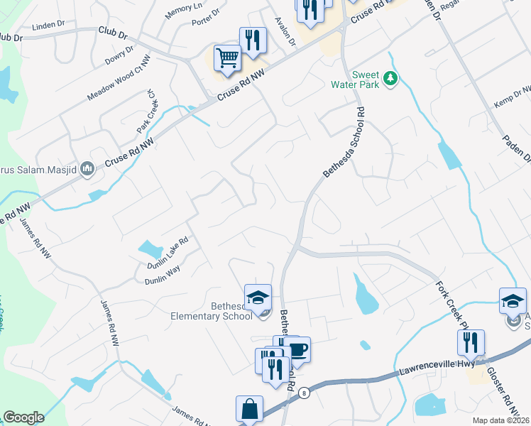 map of restaurants, bars, coffee shops, grocery stores, and more near 2740 Avalon Meadows Lane in Lawrenceville