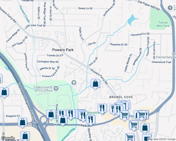 map of restaurants, bars, coffee shops, grocery stores, and more near 703 Hanover Lane Southeast in Marietta