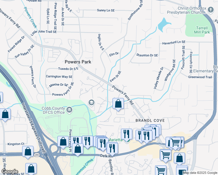 map of restaurants, bars, coffee shops, grocery stores, and more near 742 Brentwood Place in Marietta