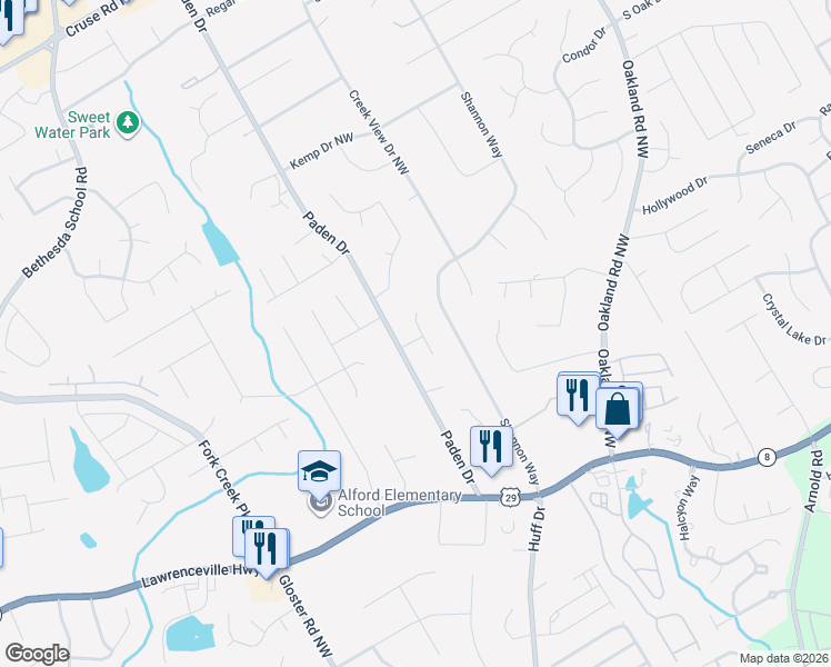 map of restaurants, bars, coffee shops, grocery stores, and more near 438 Padens Valley Court in Lawrenceville
