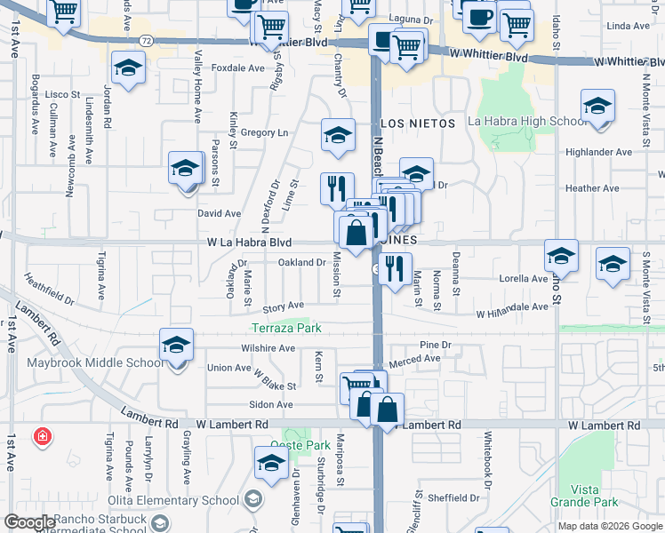 map of restaurants, bars, coffee shops, grocery stores, and more near 2220 West La Habra Boulevard in La Habra