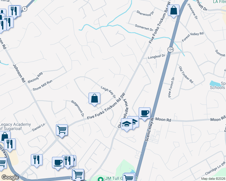 map of restaurants, bars, coffee shops, grocery stores, and more near 460 Leigh Kay Drive in Lawrenceville