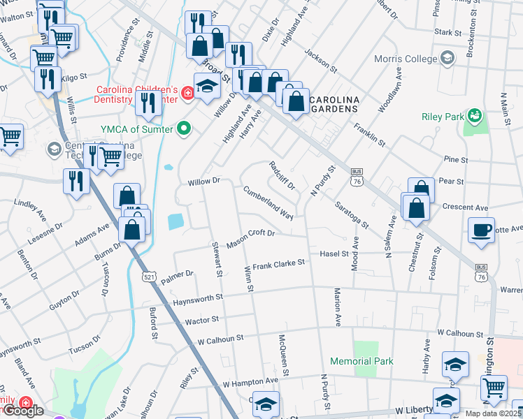 map of restaurants, bars, coffee shops, grocery stores, and more near 21 Maplewood Drive in Sumter