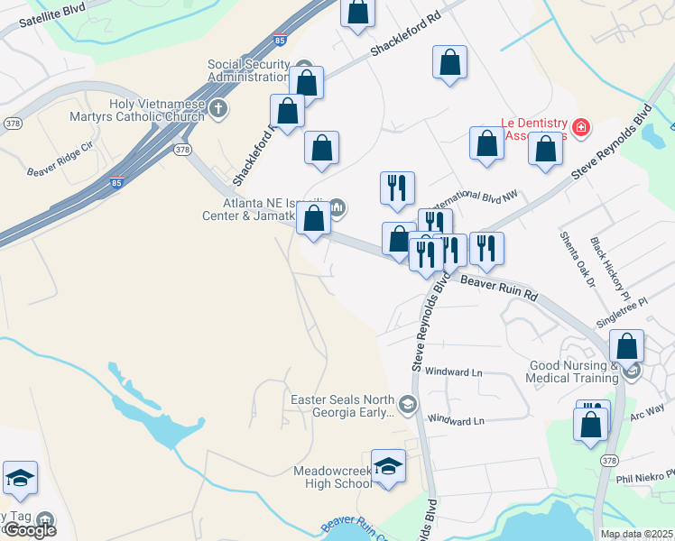 map of restaurants, bars, coffee shops, grocery stores, and more near 1707 Beaver Ruin Road in Norcross
