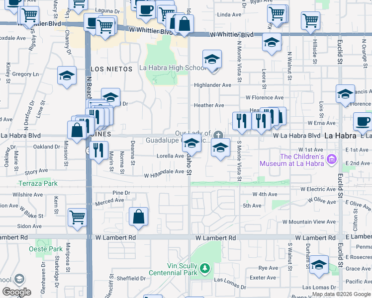 map of restaurants, bars, coffee shops, grocery stores, and more near 1220 West La Habra Boulevard in La Habra