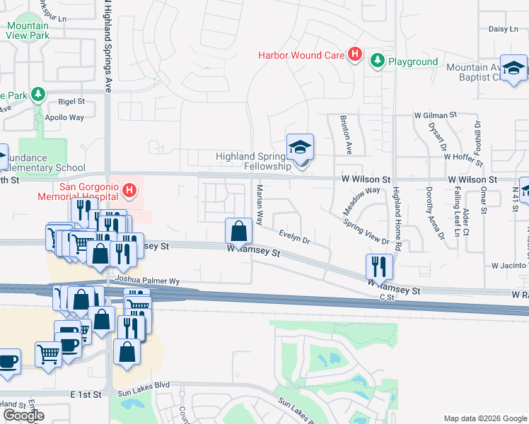 map of restaurants, bars, coffee shops, grocery stores, and more near 304 Marian Way in Banning
