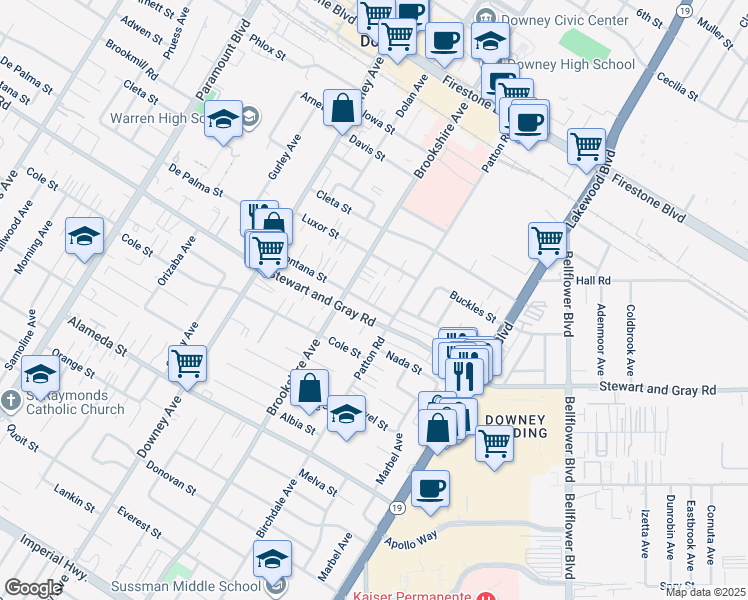 map of restaurants, bars, coffee shops, grocery stores, and more near 8535 Fontana Street in Downey