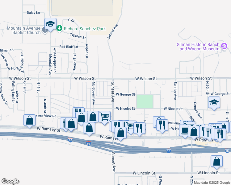 map of restaurants, bars, coffee shops, grocery stores, and more near 674 Sunset Avenue in Banning