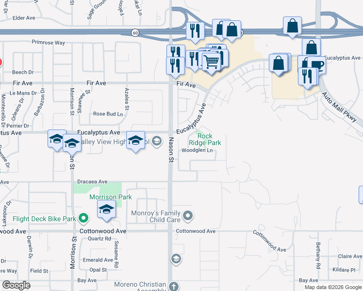 map of restaurants, bars, coffee shops, grocery stores, and more near 13028 Creekside Way in Moreno Valley