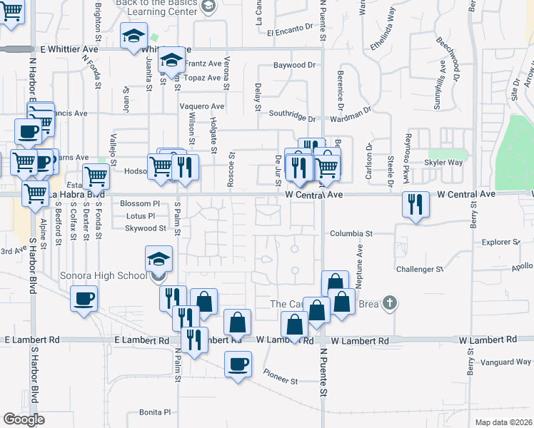map of restaurants, bars, coffee shops, grocery stores, and more near 1414 West Central Avenue in Brea