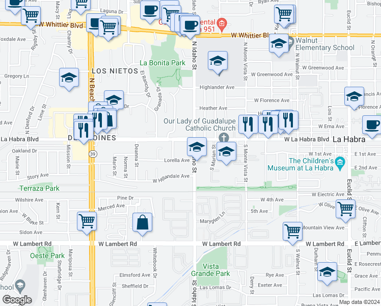 map of restaurants, bars, coffee shops, grocery stores, and more near 1220 West La Habra Boulevard in La Habra