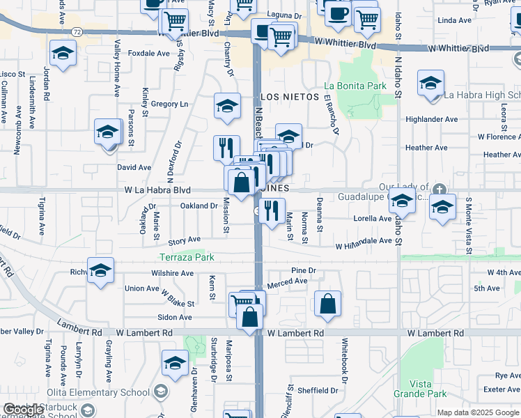map of restaurants, bars, coffee shops, grocery stores, and more near 1950 West La Habra Boulevard in La Habra
