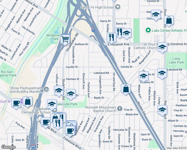 map of restaurants, bars, coffee shops, grocery stores, and more near 11243 Lakeland Road in Norwalk