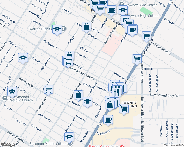 map of restaurants, bars, coffee shops, grocery stores, and more near 11828 Brookshire Avenue in Downey