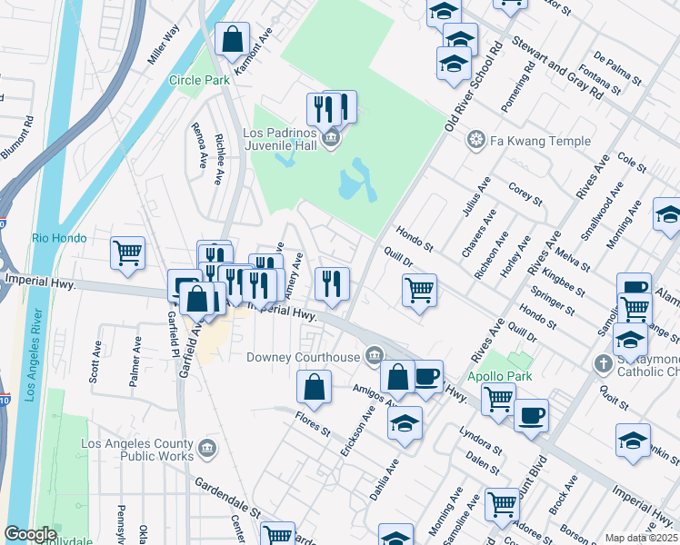 map of restaurants, bars, coffee shops, grocery stores, and more near 12504 Ryerson Avenue in Downey
