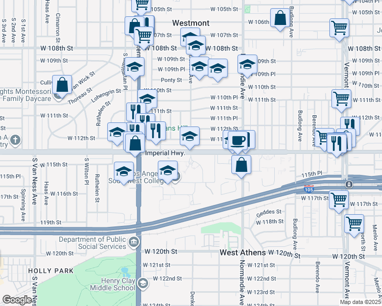 map of restaurants, bars, coffee shops, grocery stores, and more near 1602 West 113th Street in Los Angeles