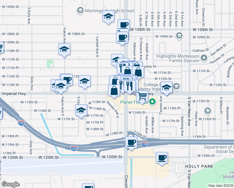 map of restaurants, bars, coffee shops, grocery stores, and more near 3316 West Imperial Highway in Inglewood