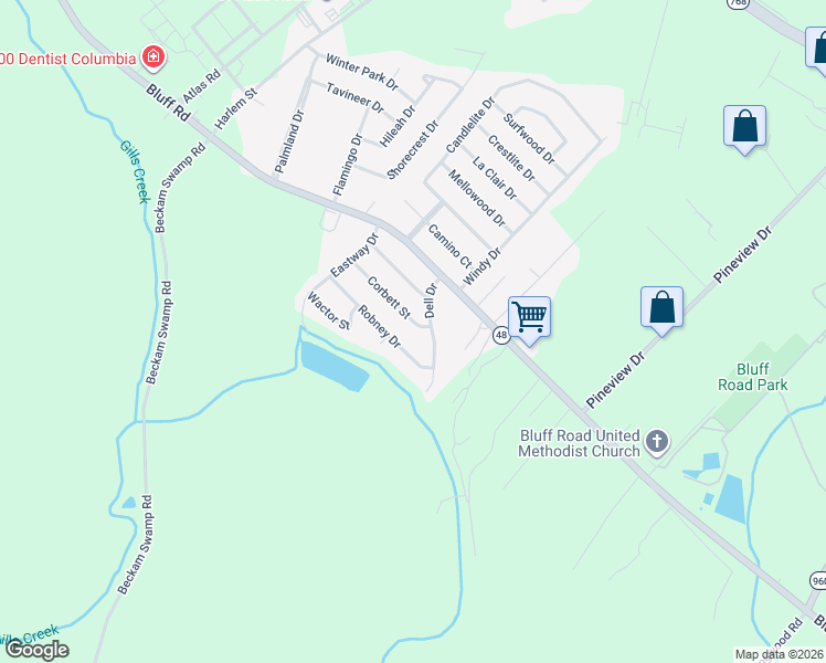 map of restaurants, bars, coffee shops, grocery stores, and more near 4615 Corbett Street in Columbia