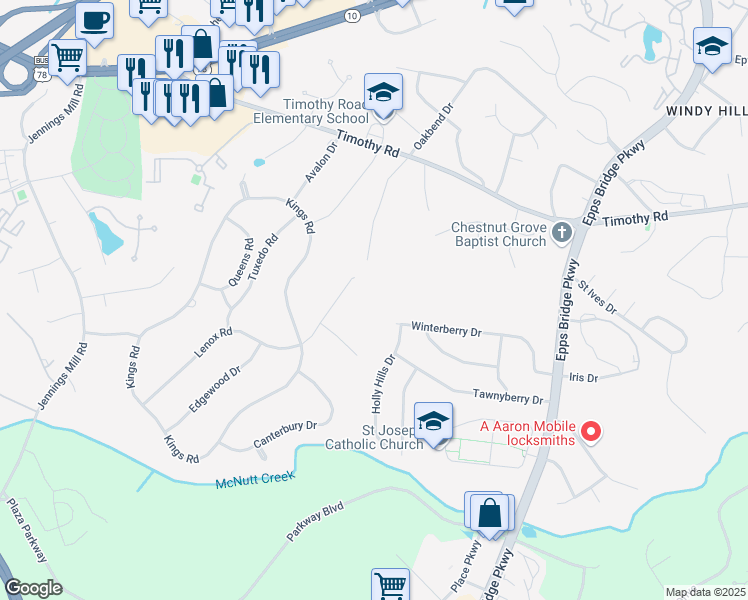map of restaurants, bars, coffee shops, grocery stores, and more near 72 Lenox Road in Athens