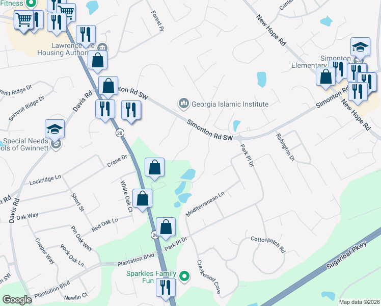 map of restaurants, bars, coffee shops, grocery stores, and more near 250 Three Oaks Drive Southwest in Lawrenceville
