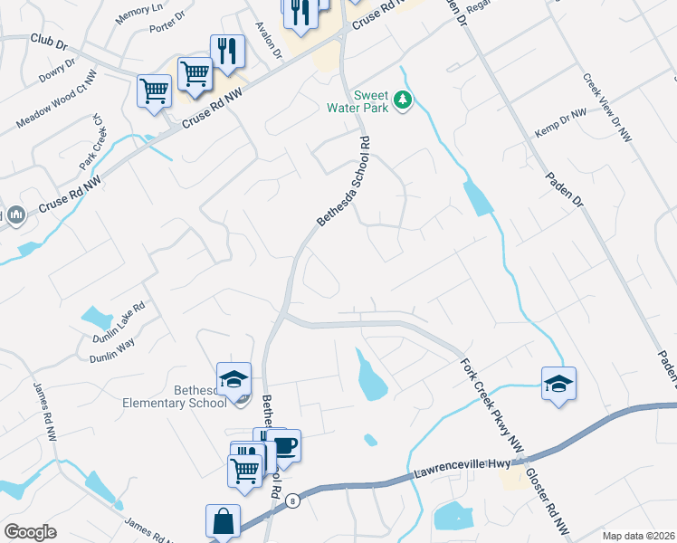map of restaurants, bars, coffee shops, grocery stores, and more near 704 Bethesda School Road in Lawrenceville