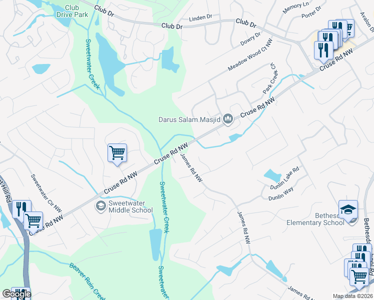 map of restaurants, bars, coffee shops, grocery stores, and more near 3242 Cruse Road Northwest in Lawrenceville