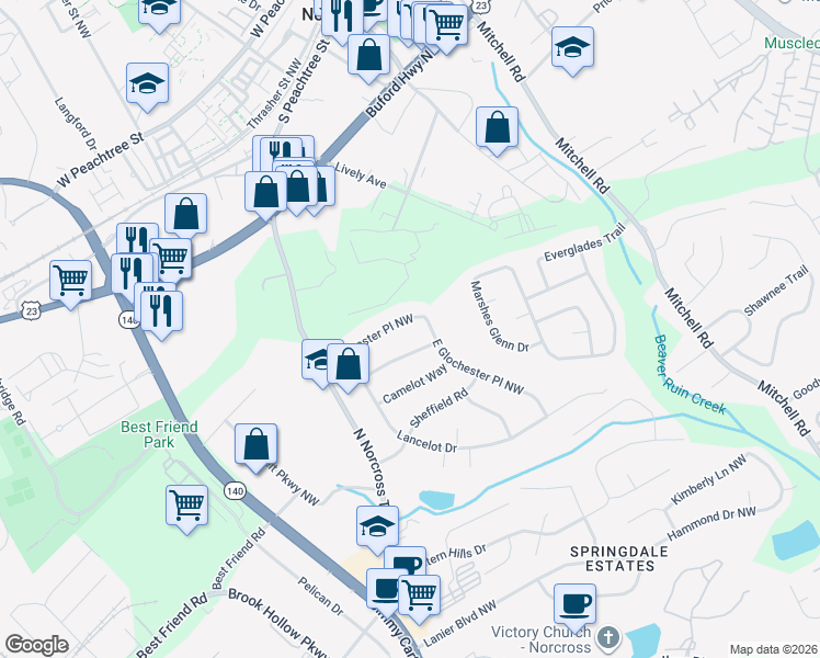 map of restaurants, bars, coffee shops, grocery stores, and more near 608 Glochester Place Northwest in Norcross