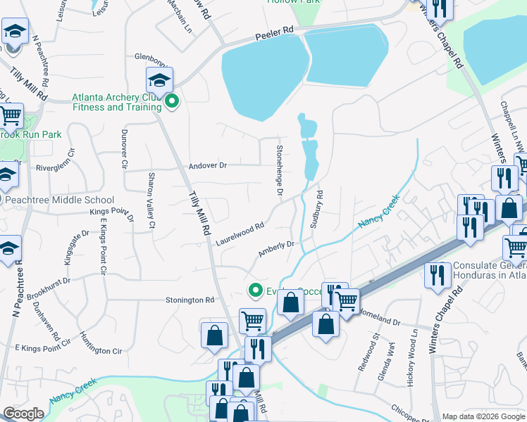 map of restaurants, bars, coffee shops, grocery stores, and more near 2620 Laurelwood Road in Atlanta