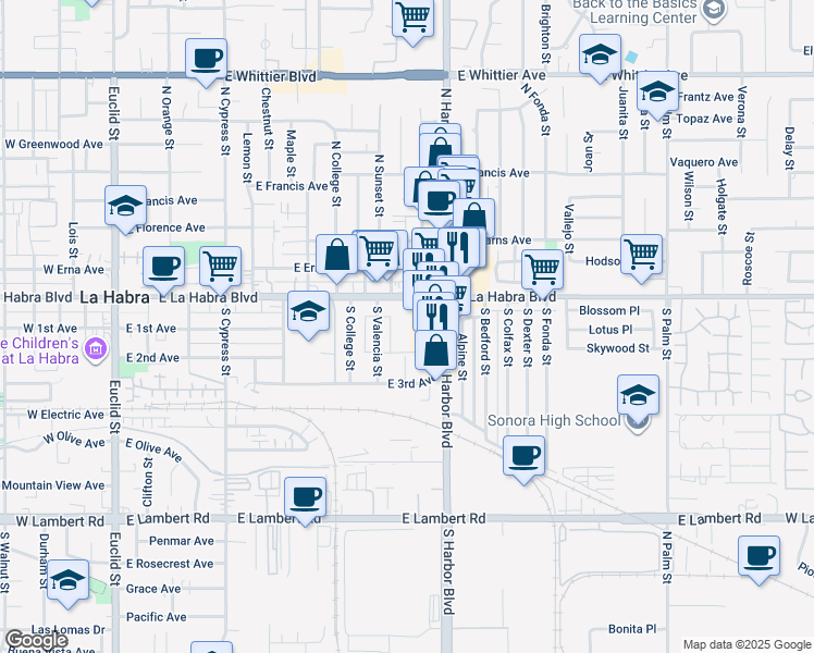 map of restaurants, bars, coffee shops, grocery stores, and more near 1042 East La Habra Boulevard in La Habra