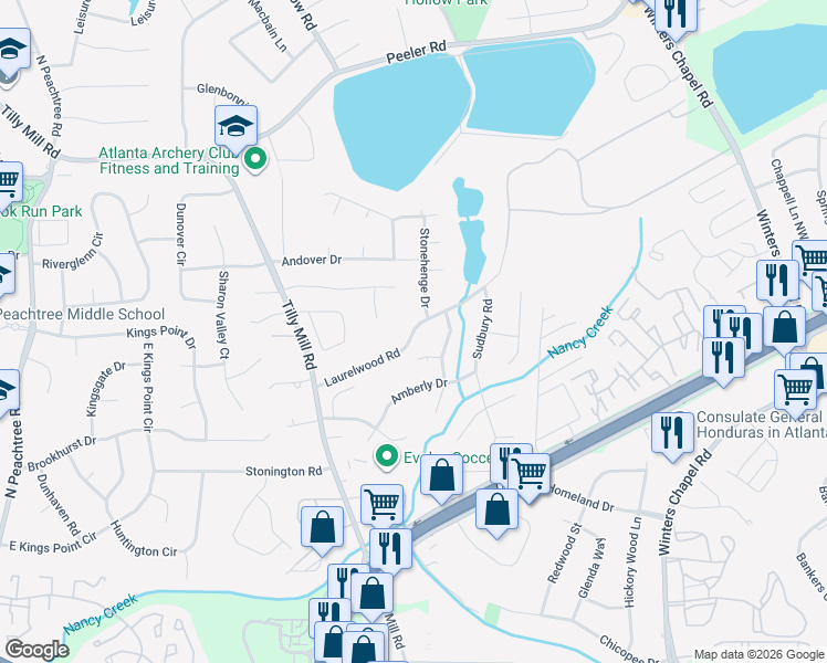 map of restaurants, bars, coffee shops, grocery stores, and more near 2620 Laurelwood Road in Atlanta