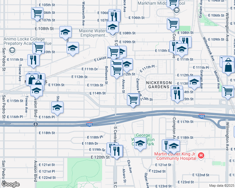 map of restaurants, bars, coffee shops, grocery stores, and more near 11408 South Central Avenue in Los Angeles