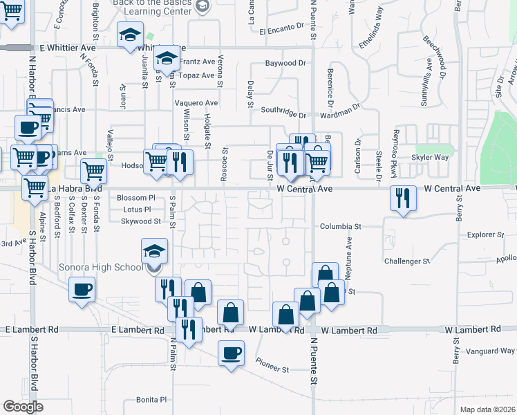 map of restaurants, bars, coffee shops, grocery stores, and more near 1414 West Central Avenue in Brea