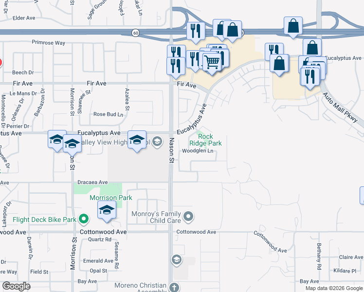 map of restaurants, bars, coffee shops, grocery stores, and more near 13028 Creekside Way in Moreno Valley