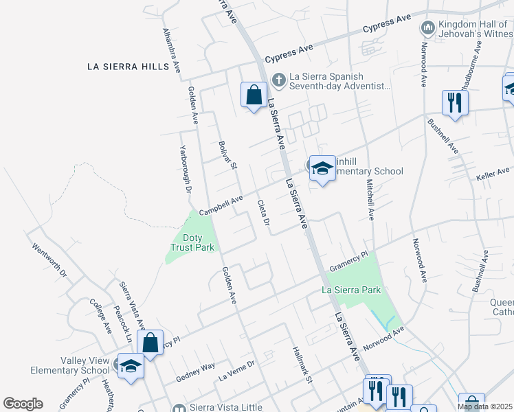 map of restaurants, bars, coffee shops, grocery stores, and more near 5560 Cleta Drive in Riverside