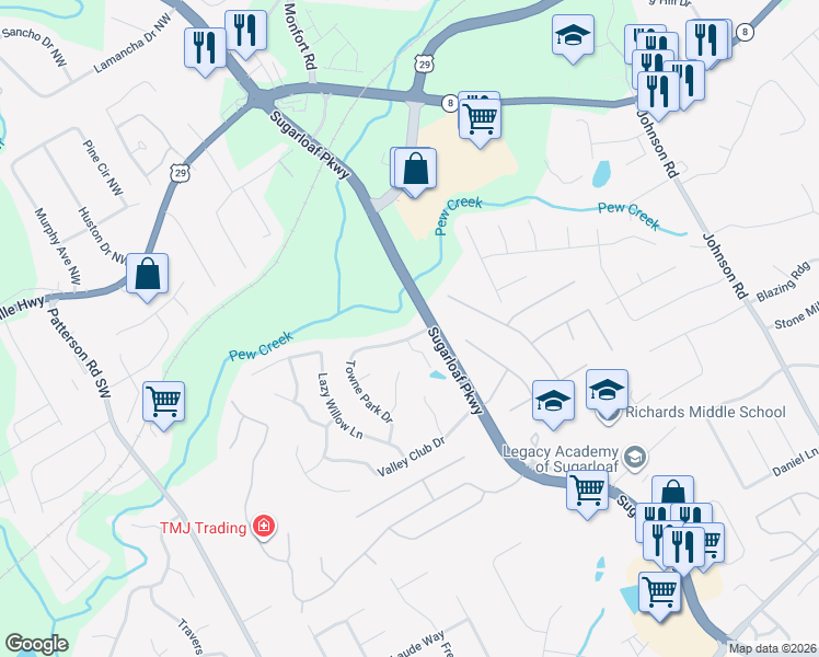 map of restaurants, bars, coffee shops, grocery stores, and more near 27 Towne Park Drive in Lawrenceville