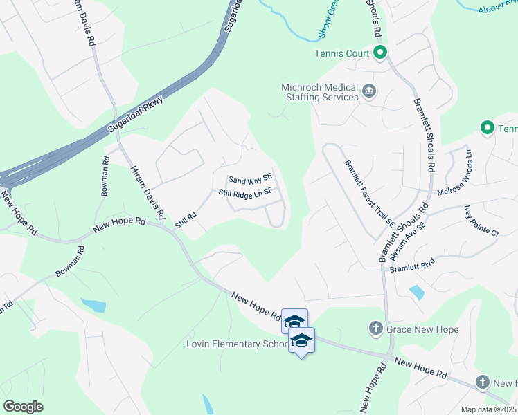 map of restaurants, bars, coffee shops, grocery stores, and more near Still Hill Lane Southeast in Lawrenceville
