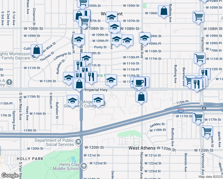 map of restaurants, bars, coffee shops, grocery stores, and more near 1600 West Imperial Highway in Los Angeles