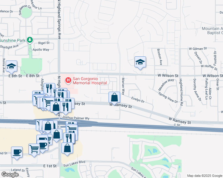 map of restaurants, bars, coffee shops, grocery stores, and more near in Banning