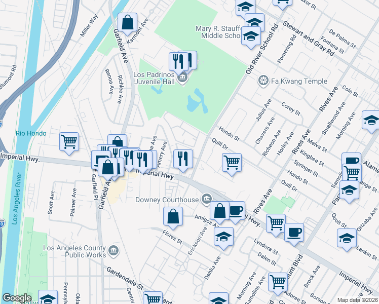 map of restaurants, bars, coffee shops, grocery stores, and more near 7395 Emily Lane in Downey