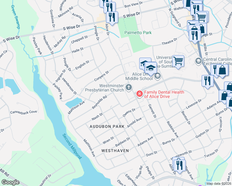 map of restaurants, bars, coffee shops, grocery stores, and more near 18 Reynolds Road in Sumter