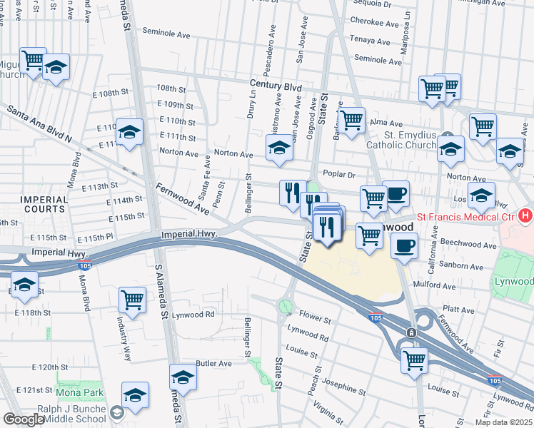 map of restaurants, bars, coffee shops, grocery stores, and more near 2914 Oakwood Avenue in Lynwood