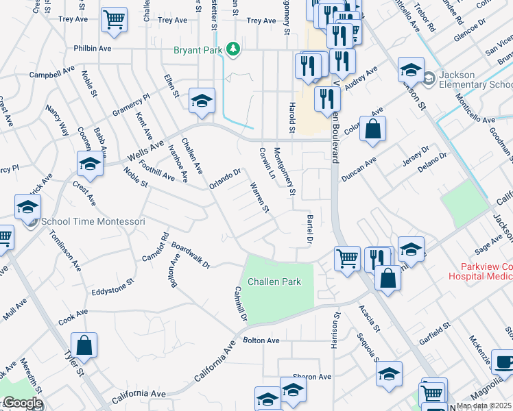 map of restaurants, bars, coffee shops, grocery stores, and more near 7910 Galway Court in Riverside