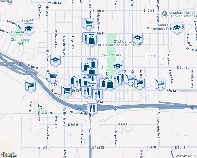 map of restaurants, bars, coffee shops, grocery stores, and more near 698 Magnolia Avenue in Beaumont