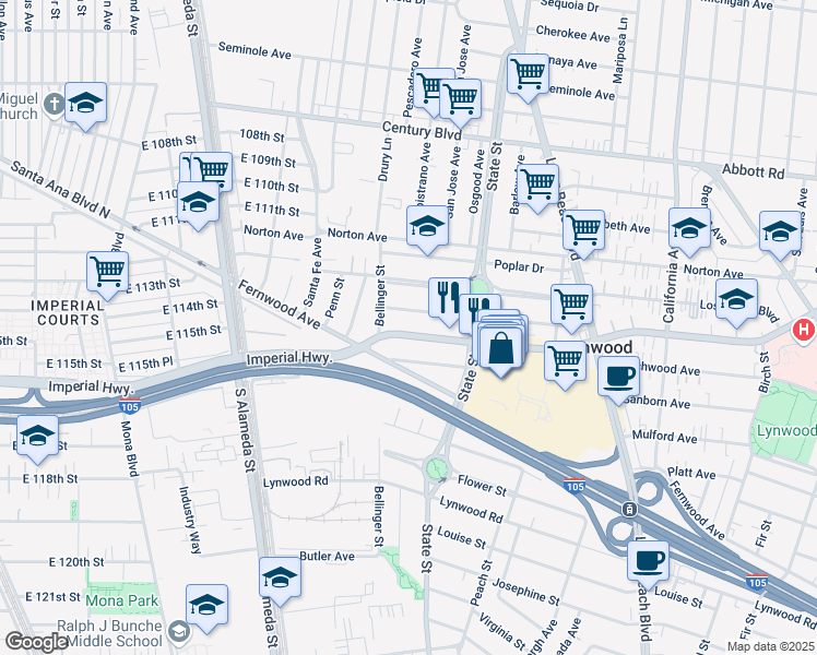 map of restaurants, bars, coffee shops, grocery stores, and more near 2914 Oakwood Avenue in Lynwood