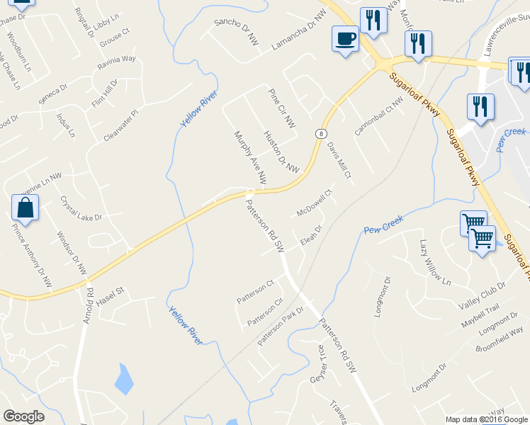 map of restaurants, bars, coffee shops, grocery stores, and more near 20 Patterson Rd in Lawrenceville