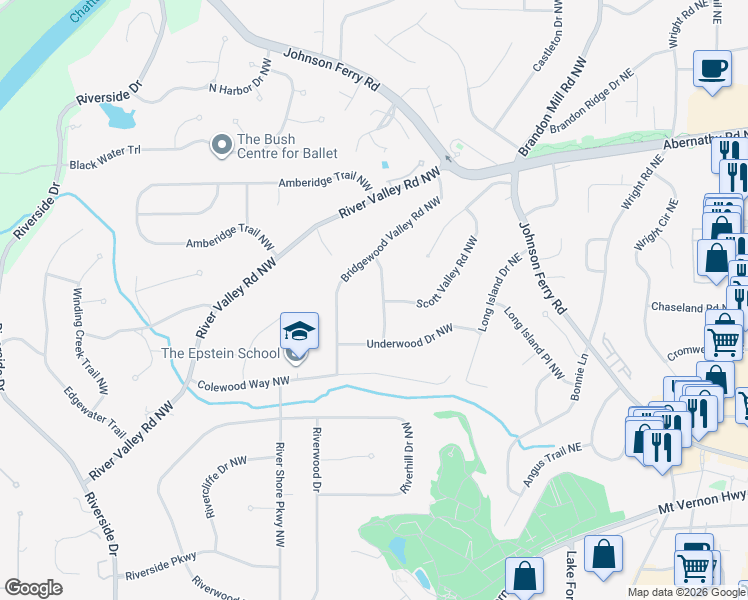 map of restaurants, bars, coffee shops, grocery stores, and more near 6434 Colebridge Road Northwest in Sandy Springs