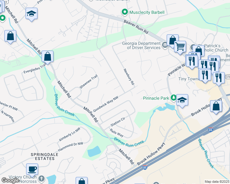 map of restaurants, bars, coffee shops, grocery stores, and more near 5459 Terrace Garden Way in Norcross