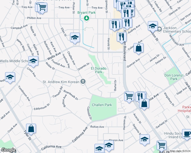 map of restaurants, bars, coffee shops, grocery stores, and more near 7910 Galway Court in Riverside