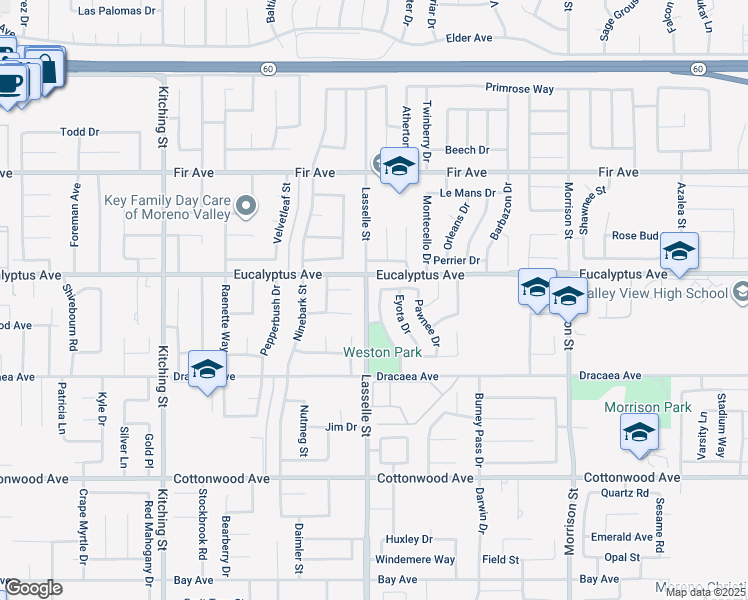 map of restaurants, bars, coffee shops, grocery stores, and more near 13049 Mohican Drive in Moreno Valley