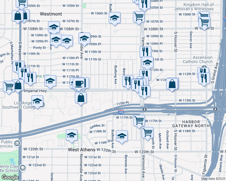 map of restaurants, bars, coffee shops, grocery stores, and more near Imperial Highway & Budlong Avenue in Los Angeles
